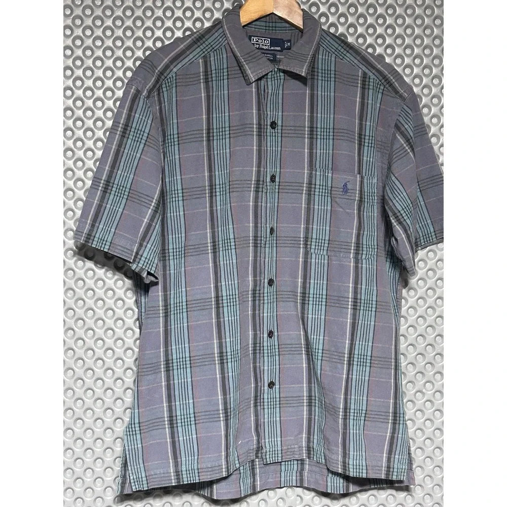 Polo Ralph Lauren Caldwell Shirt M Grey Teal Plaid Cotton Camp 90s VINTAGE MINT